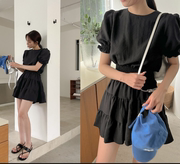cmykorea韩国东大门女装泡泡，袖黑色小礼服分体式连衣裙