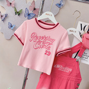 女童短袖体恤，2024夏季中大童韩版字母圆领，上衣童装拼色套头衫