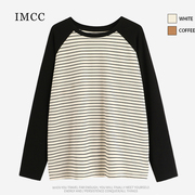 IMCC设计感小众别致拼色插肩长袖条纹T恤女春洋气撞色打底衫上衣