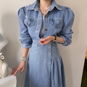 韩国chic夏季复古气质，翻领长袖牛仔衬衫，+高腰显瘦大摆型半身裙女