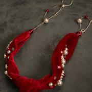 高档中式酒红色丝绒软发带，新娘布结敬酒礼服宴会婚苏流串珠发