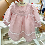 韩国高端童装23春女宝童粉色，刺绣花朵蕾丝拼接长袖连衣裙n7