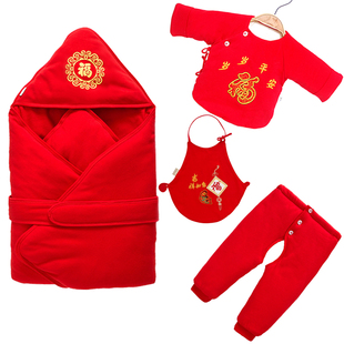 新生儿红色棉衣套装秋冬季纯棉加厚初生婴儿，棉服0-3月宝宝和尚服