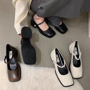 法式黑色粗跟高跟鞋秋冬女鞋子，2023方头复古单鞋，玛丽珍小皮鞋