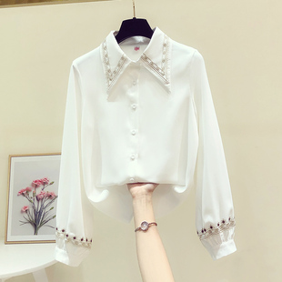 复古刺绣白色雪纺衬衫，女设计感小众洋气上衣
