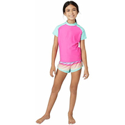 3C1 外贸女童泳衣三件套 8-16岁女宝高弹条纹分体泳衣速干泳装