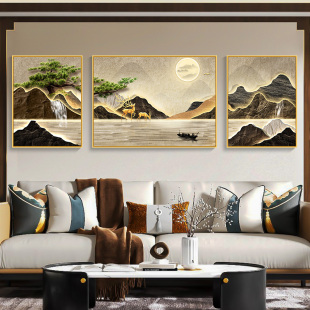 新中式客厅挂画山水福鹿电视背景墙，装饰画高级感大三联寓意好壁画