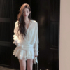 fairyjiang夏季白色衬衫连衣裙，收腰绑带蛋糕裙，短裙含吊带背心