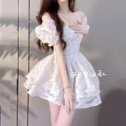 白月光高级感收腰气质方口领连衣裙女学生夏季韩版拼接公主蓬蓬裙