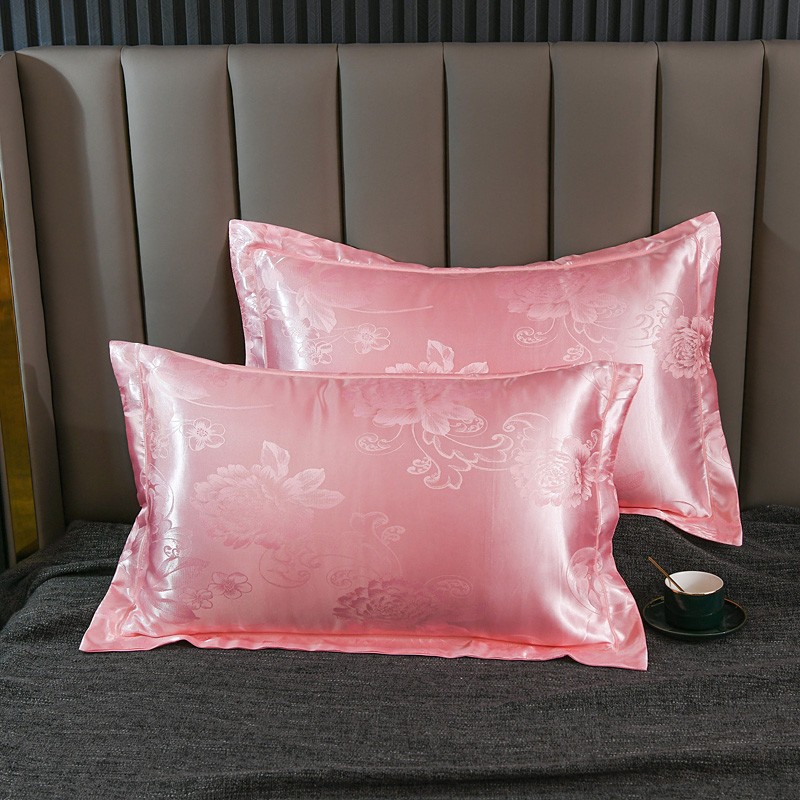 提花丝绸枕套紫色玫红粉色桃红玉色蓝色豆沙大红金银色枕头套一对