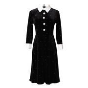 黑色短款礼服裙2023春女装复古撞色娃娃领长袖丝绒烫钻长袖连衣裙