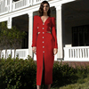红色长袖镂空连衣裙v领显瘦泡泡袖，纽扣设计欧美外贸女装亚马逊