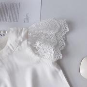 女童白色雪纺衫夏季蕾丝，小飞袖衬衫上衣，中小童女宝宝圆领公主t恤