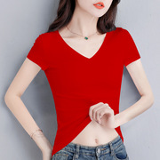 大红色v领短袖t恤女2023夏季纯棉修身鸡，心领体恤纯色半袖上衣
