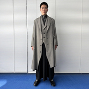 YOJI OOAK日本定织千鸟格纹休闲纯羊毛风衣男士不对称设计师外套