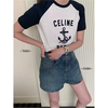 欧美23夏季海军藏青，复古优雅立体植绒撞色短袖圆领t恤女