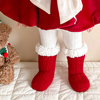 婴儿圣诞袜超厚毛线新年羊羔绒宝宝蝴蝶结纯色加绒袜子防滑中筒袜