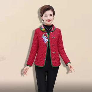 秋冬短款绣花棉衣中老年女装妈妈装中国风洋气红色棉袄外套