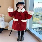 女。童外套大童毛呢子大衣，秋冬季2023中长款红色，冬装儿童拜年
