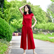 棉绸阔腿裤套装女酒红色夏季大码时尚外穿度假纯色人造棉绵两件套