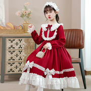 洛丽塔公主裙女童春秋中大童小红帽演出服装，儿童红色萝莉塔连衣裙
