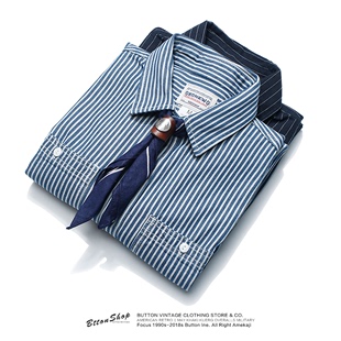 美式阿美咔叽蓝白条纹衬衫，男日系复古重磅，宽松休闲工装衬衣长袖