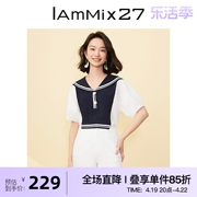 iammix27短袖衬衫女青春，减龄撞色条纹海军，领侧开衩针织拼接套头衫