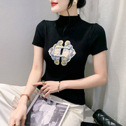 新中式刺绣针织上衣女春夏复古盘扣短袖t恤气质半高领打底衫