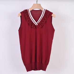 b556-1荷叶边v领酒红色背心外穿修身气质上衣，设计感女装针织衫