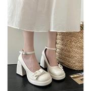 网红蝴蝶结白色粗跟高跟鞋女夏款2024小个子复古法式玛丽珍鞋