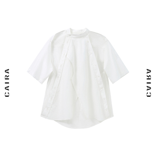 caira2021衬衫女设计感小众镂空露肩，立领白衬衣(白衬衣)蕾丝薄款短袖上衣