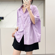 惠衣阁夏季女士棉质短袖，衬衫中长款衬衫韩版宽松休闲衬衫明线衬衣