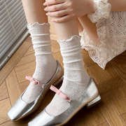JK白色小腿袜女春夏薄款荷叶边蕾丝堆堆短袜子镂空花朵黑色中筒袜