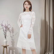 蓝佐原设计 2024春季纯白色淑女装中长款 女装长袖连衣裙裙子