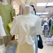 天丝衬衫女fn韩国夏季v领短袖打结设计显瘦韩版短款衬衣上衣女