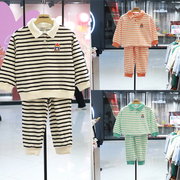 milibam韩国童装24春儿童洋气，条纹翻领长袖，t恤上衣+裤子套装