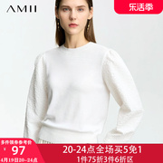 amii泡泡袖毛衣女士2023秋冬白色长袖针织衫套头上衣超好看