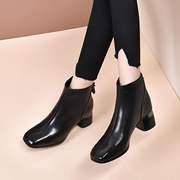 方头时装靴女靴2023秋冬牛皮后拉链气质高跟靴保暖皮靴女短靴