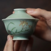 御熹景德镇忘言造物豆青粉彩忘忧泡，茶碗手工手绘中式单个盖碗
