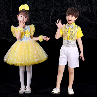 六一女童公主裙演出服快乐的小星星，黄色蓬蓬纱裙，幼儿园舞蹈表演服
