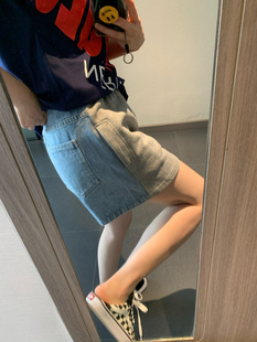 韩国2024夏季女装牛仔，毛圈拼接灰色长腿，半松紧腰显瘦短裤