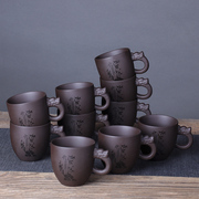 带把茶杯陶瓷家用茶具，6只紫砂功夫茶杯套装，单个手柄大号品茗杯子