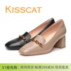 KISSCAT接吻猫2024春款粗跟金链条高跟羊皮中口乐福鞋女鞋单鞋