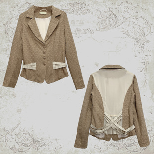 vintage复古风格昭和森系法式韩版休闲蕾丝拼接雪纺收腰西装外套