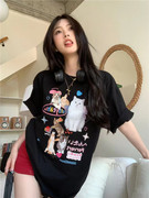猫咪下衣失踪T恤女2023夏季韩版休闲中长款宽松短袖黑色上衣
