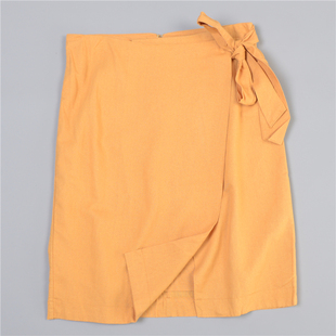 外贸黄色棉麻半身裙16l77412高腰，系带不规则，叠片春夏气质中裙