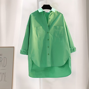 牛油果绿色衬衫上衣女秋季2023韩版时尚洋气纯色简约衬衣上衣