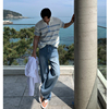 MRDONG韩国男装独特竖条纹理感重工水洗设计师阔腿直筒牛仔裤
