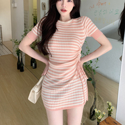 夏季女装韩版批发减龄短袖修身显瘦绑带条纹，针织短款连衣裙潮