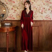 女士金丝绒睡裙红色女秋冬长款女款性感睡袍睡衣高级家居服冬长款